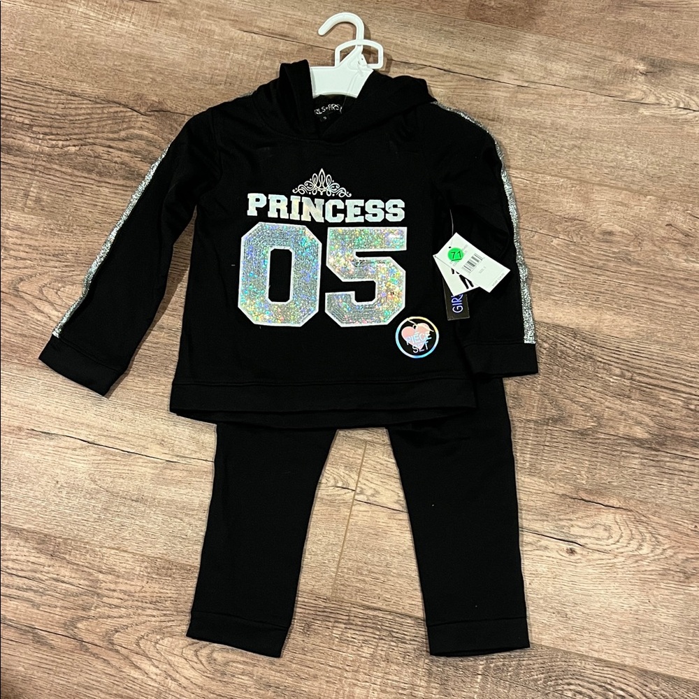 GIRLS FIRST | Princess 2pc jogger set/outfit: blk/silver sequin/glitter